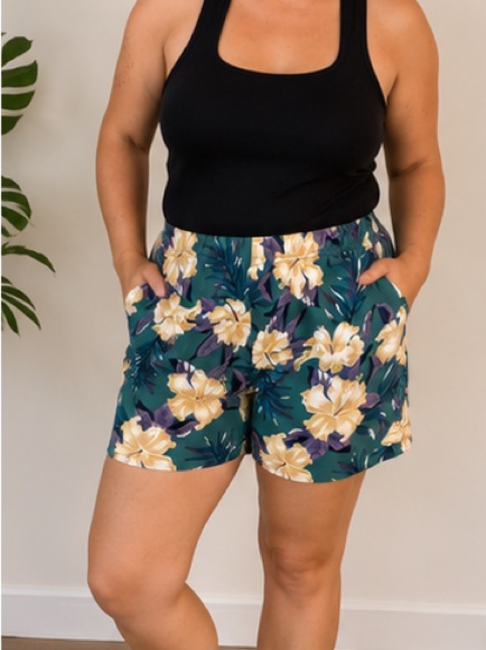 High-Rise Teal Floral Bermuda Shorts with Elastic Waist